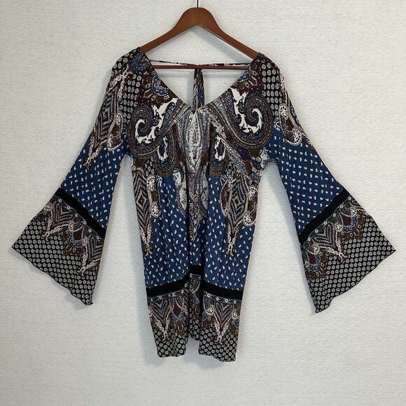 Velzera Mini Dress Women M Blue Multi Paisley TieBack Boho Peasant Gypsy Cottage - Picture 15 of 16